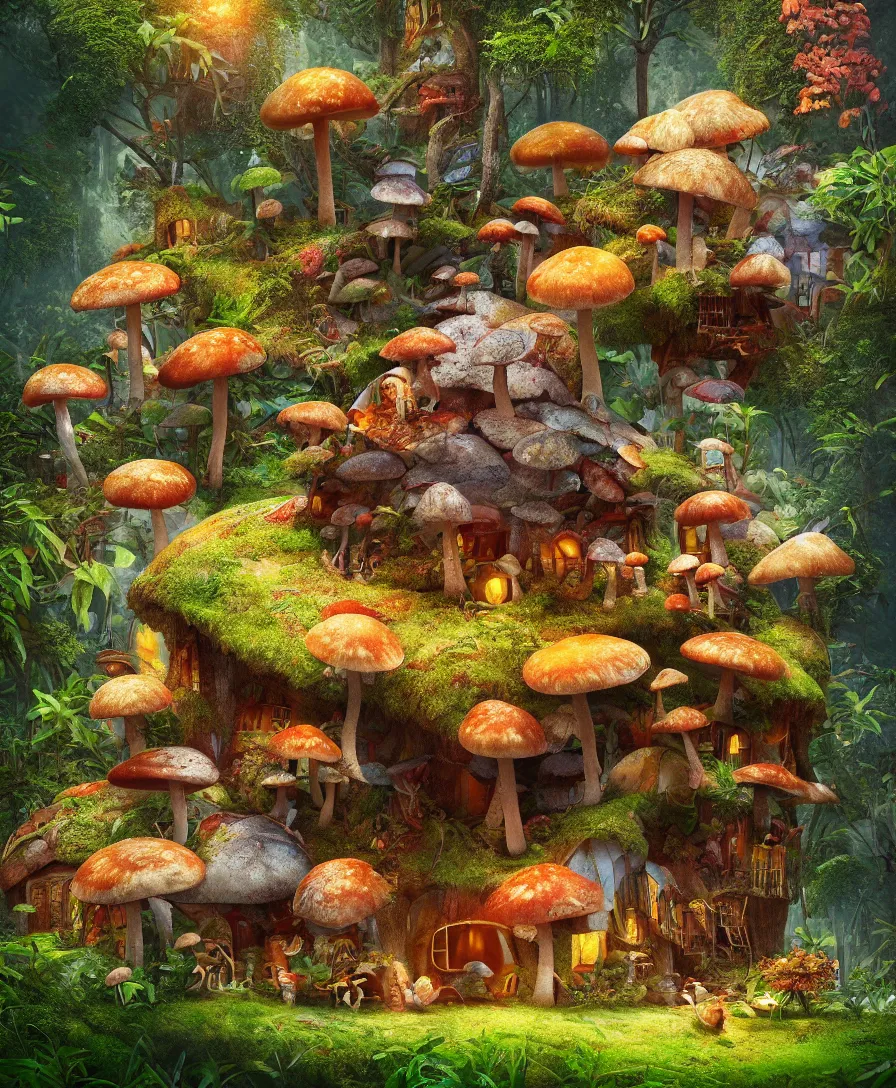 Prompt: beautiful Hyperrealistic mushroom house in the middle of the jungle, macro lens, highly detailed, digital painting, trending artstation, concept art, illustration, cinematic lighting, vibrant colors, photorealism, epic, octane render