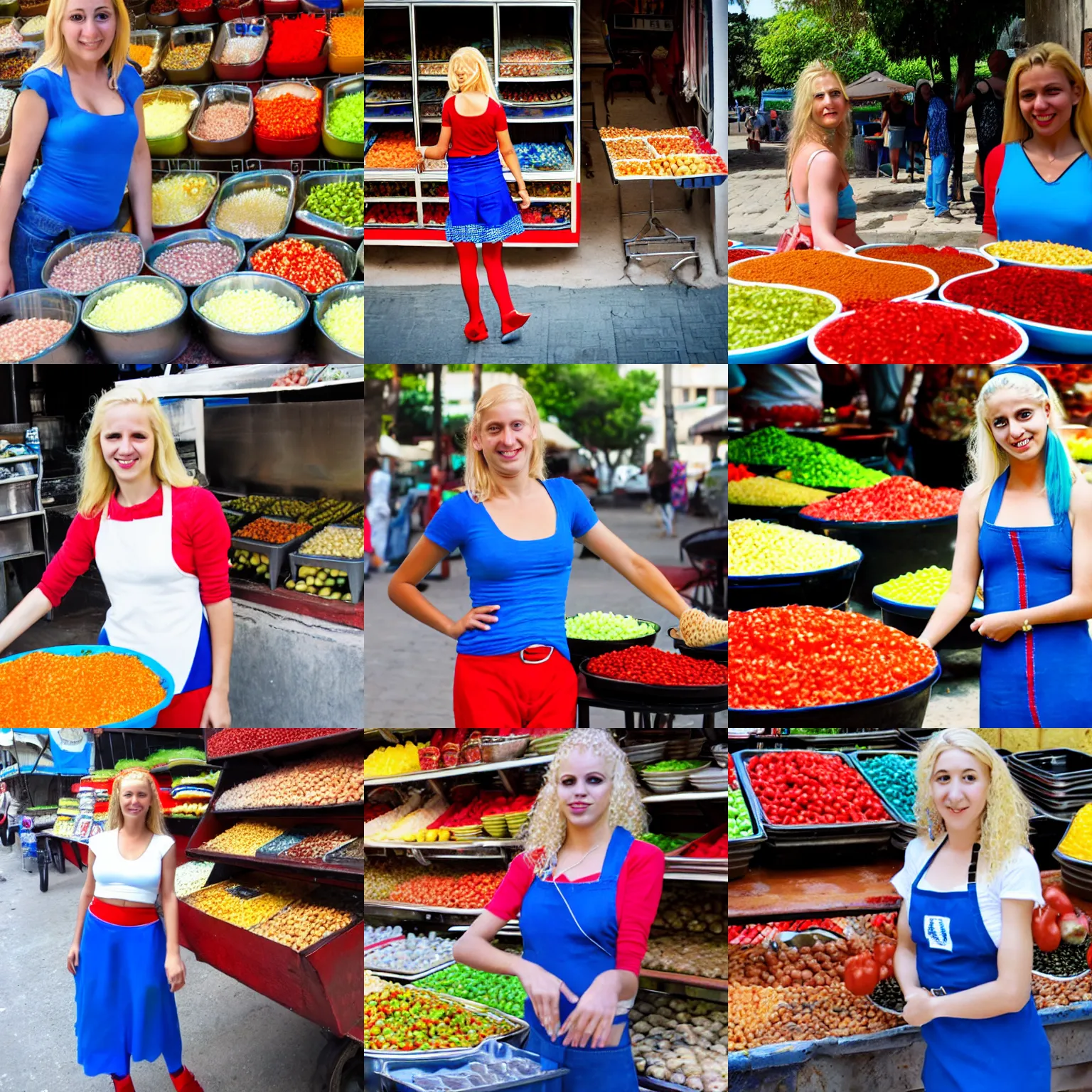 Prompt: israeli salsa vendor, blond girl with blue and red shoes