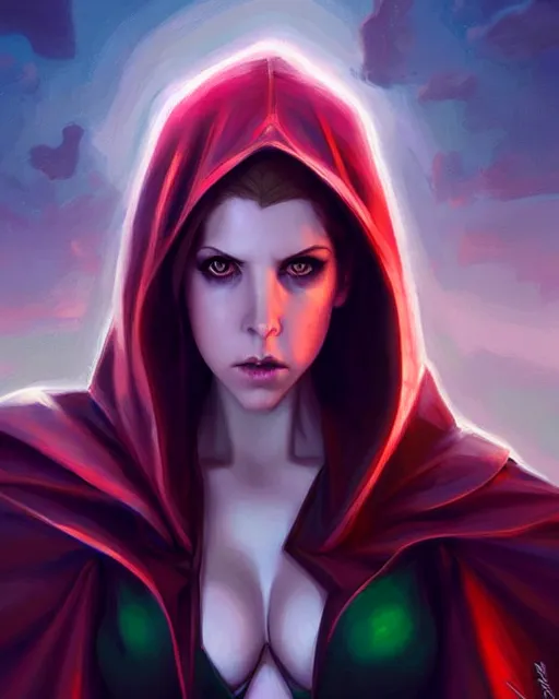 Prompt: artgerm, Mandy Jurgens art, Irina French art, cinematics lighting, beautiful Anna Kendrick supervillain, green dress with a black hood, angry, symmetrical face, Symmetrical eyes, full body, flying in the air over city, night time, red mood in background