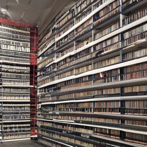 Prompt: huge audio archive storage facility with shelves from the floor to the ceiling full of cd cases