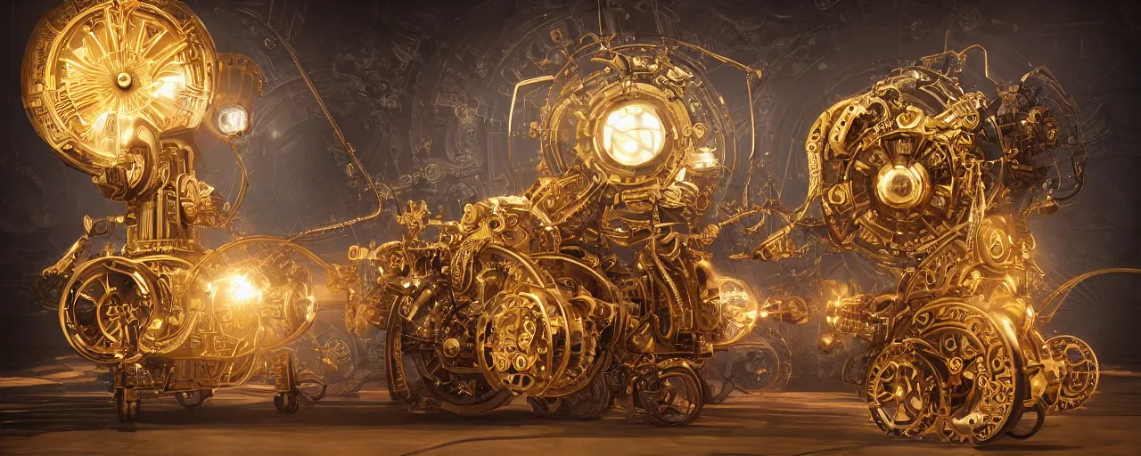 Prompt: dynamic composition, intricate golden clockwork robot pushing a giant wheel to power a machine, steampunk, art deco!, ornate gilded cosmic machine, in the style of simon lee and jama jurabaev, engraved, artgerm, wlop, featured on cgsociety, unreal engine, 8 k render, octane, raytracing, photorealistic