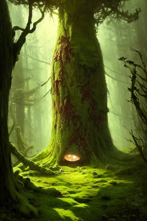 Image similar to great fat tree with a moss moustache in the woods by bayard wu, anna podedworna, gaston bussiere, greg rutkowski