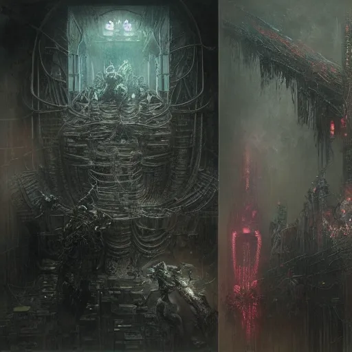 Image similar to cyberpunk nightmare by gustave dore and gustave moreau and beksinski and giger and craig mullins and jeremy mann