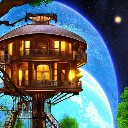 Image similar to fancy treehouse style mansion on saturn with view overlooking planet rings and space galaxy nebula background, luminescent detailed oil painting 4 k