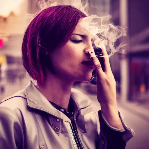 Prompt: cyberpunk woman in a city smoking a cigarette