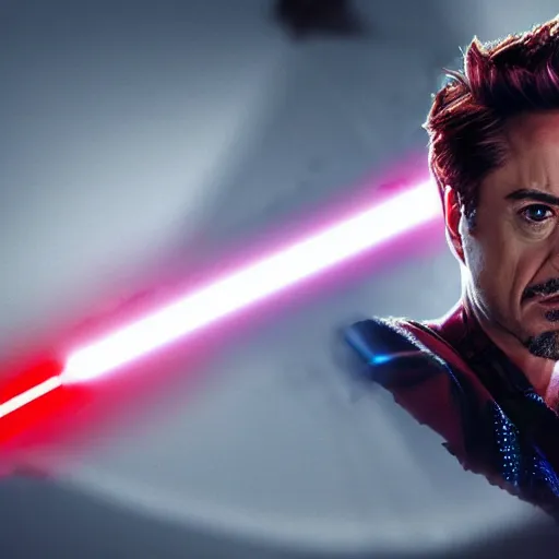 Prompt: Robert Downey Jr holding a red lightsaber dramatically, 4k, very detailed, backlit
