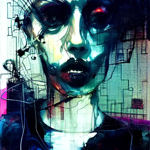 Prompt: a young punk woman lost in a cyberpunk noir glitchcore world of wires, and machines, by jeremy mann, francis bacon and agnes cecile, and dave mckean ink drips, paint smears, digital glitches glitchart