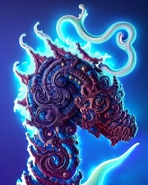 Prompt: 3 d ornate carved dark cosmic horse with profile portrait, sigma 5 0 0 mm f / 5. beautiful intricate highly detailed quetzalcoatl skull. bioluminescent, plasma, lava, ice, water, creature, thunderstorm! artwork by tooth wu and wlop and beeple and greg rutkowski, 8 k trending on artstation