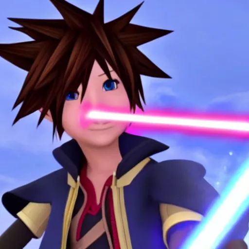 Image similar to sora from kingdom hearts using a laser blade ( from star wars ) instead of a keyblade