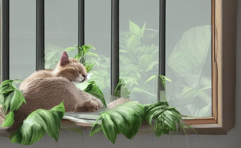 Image similar to sleeping cat on window, inside house in village, plants, trending on artstation