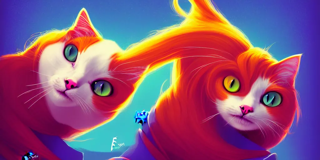 Image similar to curved perspective, extreme narrow, extreme fisheye, digital art of a female cat with ginger hairstyle with blue flower in her hair by anton fadeev from nightmare before christmas