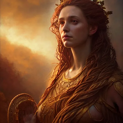 Image similar to majestic gracious regal goddess persephone portrait, ancient greece, elysium, atmospheric lighting, painted, intricate, volumetric lighting, beautiful, rich deep colours masterpiece, golden hour, sharp focus, ultra detailed, by leesha hannigan, ross tran, thierry doizon, kai carpenter, ignacio fernandez rios