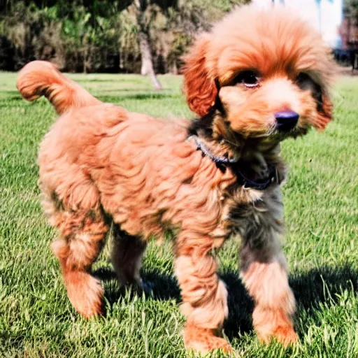 Image similar to a photograph of a goldendoodle mixed with a chihuahua