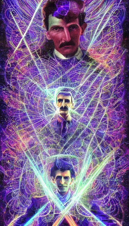 Image similar to nikola tesla, psytrance artwork, with octane, with lsd, with dmt, cosmic awakening, infinite universe