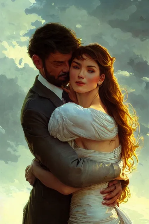 Image similar to portrait of a man in dhl van hugging his wife, feelings, romantic, fantasy, intricate, elegant, highly detailed, digital painting, artstation, concept art, smooth, sharp focus, illustration, art by artgerm and greg rutkowski and alphonse mucha