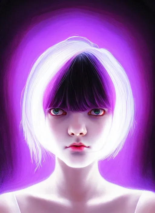 Image similar to hair whitebangs hair, black hair, whitebangs, portrait of teenage girl with white bangs, red irises, purple clothes, white bangs, bangs are different color from hair, intricate, elegant, glowing lights, highly detailed, digital painting, artstation, concept art, smooth, sharp focus, illustration, art by wlop, mars ravelo and greg rutkowski