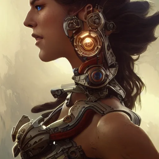 Image similar to side view of a cyborg woman, D&D, fantasy, intricate, elegant, highly detailed, digital painting, artstation, concept art, matte, sharp focus, illustration, hearthstone, art by Artgerm and Greg Rutkowski and Alphonse Mucha