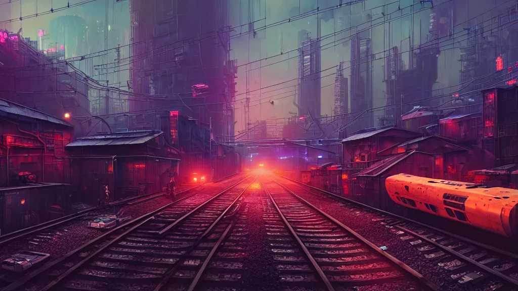 Prompt: cyberpunk armored locomotive on railroad through cyberpunk industrial site. cyberpunk factories. cyberpunk kowloon city. rail tracks. cyberpunk industrial area. Digital render. digital painting. Beeple. Noah Bradley. Cyril Roland. Ross Tran. trending on artstation.