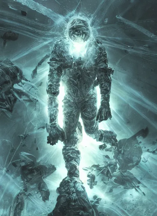Image similar to astronauts in dark and empty void underwater - complex and hyperdetailed technical suit. reflection and dispersion materials. rays and dispersion of light. volumetric light. 5 0 mm, f / 3 2. noise film photo. flash photography. ultra realistic, wide angle. poster by wayne barlowe, hajime sorayama aaron horkey, craig mullins