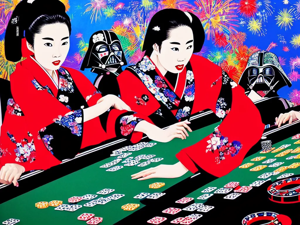 Image similar to hyperrealistic composition of the detailed woman in a japanese kimono sitting at a extremely detailed poker table with detailed darth vader, fireworks, mount fuji on the background, pop - art style, jacky tsai style, andy warhol style, acrylic on canvas