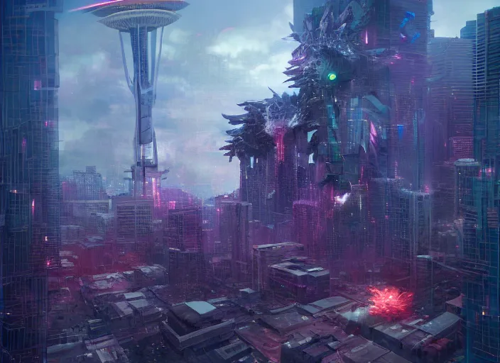 Prompt: seattle being attacked by a mega humanoid giant, by beeple and maciej kuciara and greg rutkowski