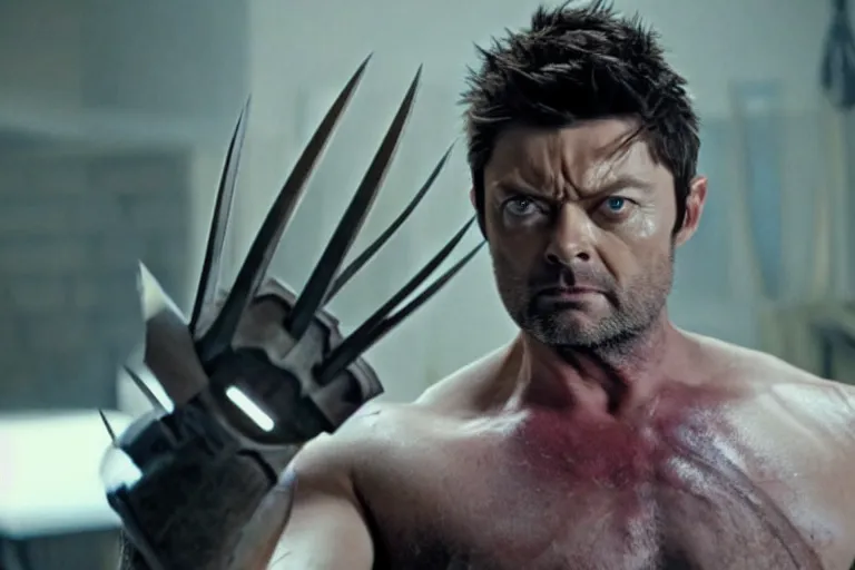 Image similar to film still frame of karl urban as wolverine, adamantium, high quality