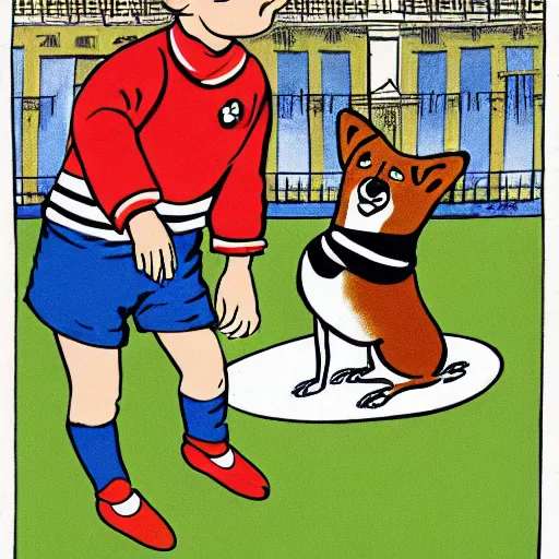 Image similar to book illustration of a french boy on the streets of paris playing football against a corgi, the dog is wearing a polka dot scarf, 1 9 6 6