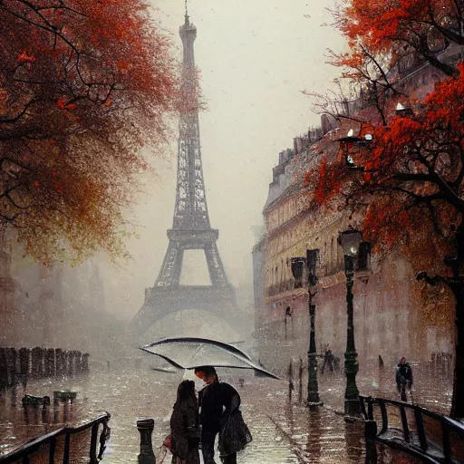 Image similar to autumn in paris, ornate, beautiful, atmosphere, vibe, mist, smoke, fire, chimney, rain, wet, pristine, puddles, melting, dripping, snow, creek, lush, ice, bridge, forest, roses, flowers, by stanley artgerm lau, greg rutkowski, thomas kindkade, alphonse mucha, loish, norman rockwell