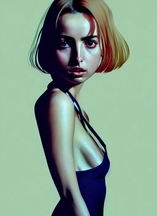 Image similar to hyper realistic zoomed out portrait of ana de armas wearing clothes from the fifth element, rachael rosen from blade runner, by hsiao ron cheng, ngai victo, nivanh chanthara jean delville wlop and dougherty patrick, trending on artstation, soft light