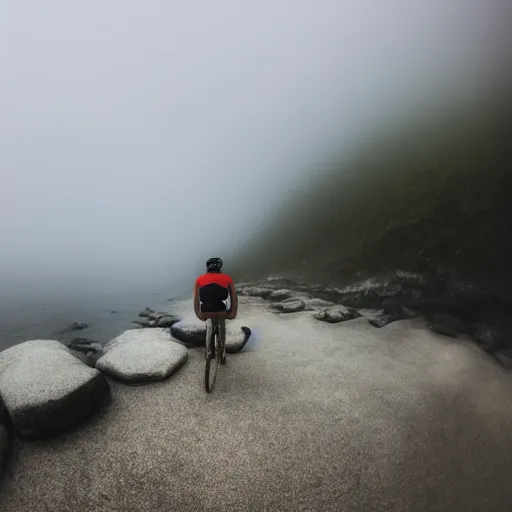 Image similar to a scene from a fever dream, bicycling on a rocky path in first person view, go-pro camera view, entering the scary murky ocean!! Fog! Ultra realistic! 25mm f/1.7 ASPH Lens!