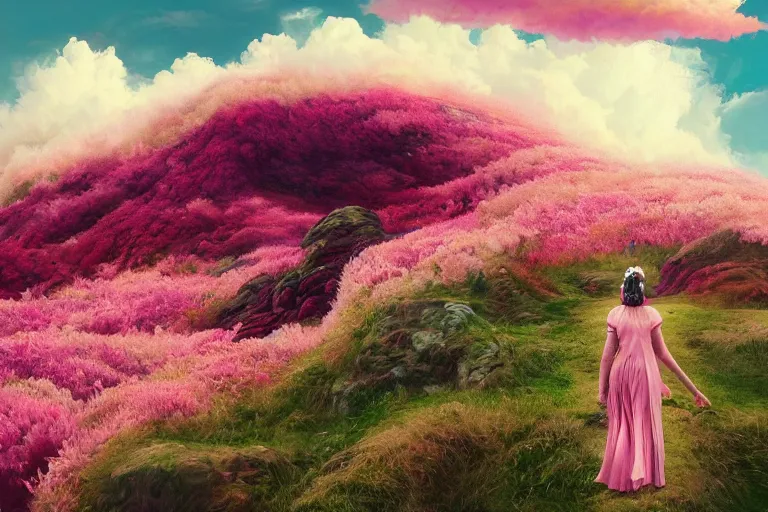 Prompt: giant dahlia flower crown face, girl walking on mountain, surreal photography, pink storm clouds, dramatic light, impressionist painting, digital painting, artstation, simon stalenhag