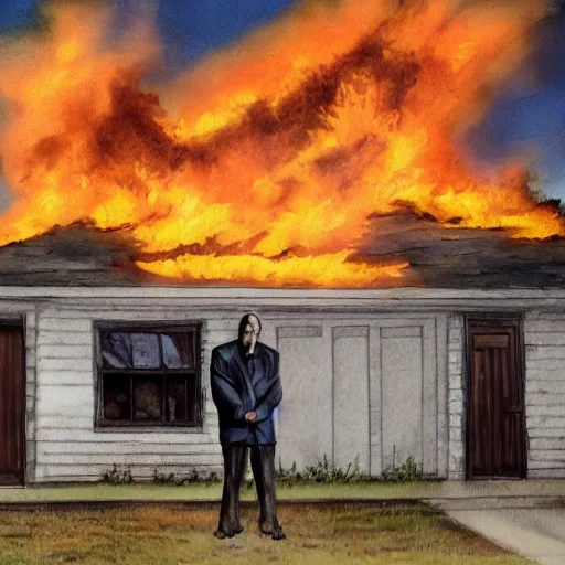 Image similar to walter white standing in front of a building on fire, highly detailed, 4 k