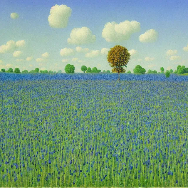 Prompt: kaali in distance looking at you in beautiful meadow of flower, detailed painting by rene magritte