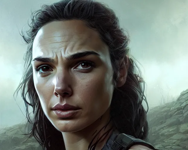 Image similar to highly detailed portrait of gal gadot, in the walking dead, stephen bliss, unreal engine, fantasy art by greg rutkowski, loish, rhads, ferdinand knab, makoto shinkai and lois van baarle, ilya kuvshinov, rossdraws, tom bagshaw, global illumination, radiant light, detailed and intricate environment