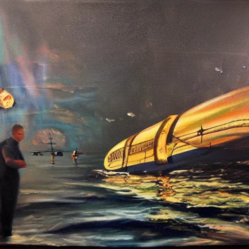 Image similar to oil painting picturing the inside of a submarine