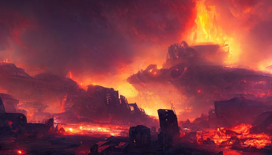 Prompt: Digital painting of a destroyed city and in flames with a crashed alien ship in the distance, hyperdetailed, artstation, cgsociety, 8k