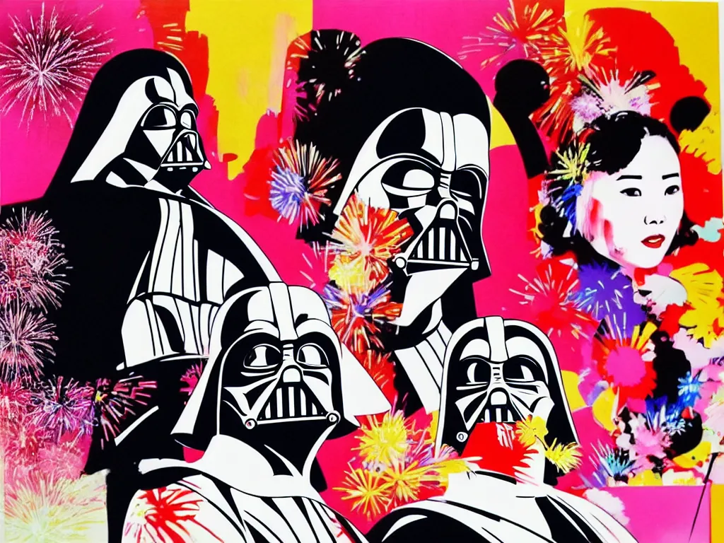 Image similar to hyperrealistic composition, in the middle a woman in a japanese kimono, behind her stands darth vader, in front of her a table from the casino, in the background is mount fuji and fireworks, pop - art style, jacky tsai style, andy warhol style, acrylic on canvas