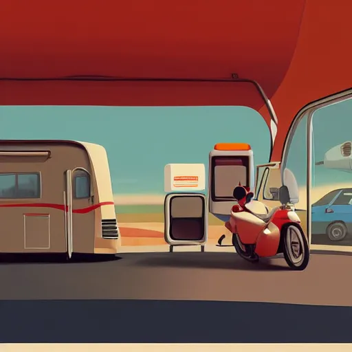 Image similar to goro fujita ilustration loaded with suitcases a motorhome at a gas station, painting by goro fujita, sharp focus, highly detailed, artstation