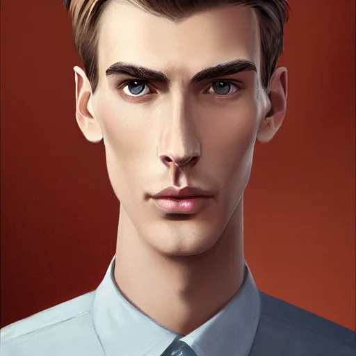 Image similar to tall man in his twenties with brown blond short quiff hair and thin slightly round facial structure with cleft chin, straight eyebrows and prominent nose, good definition of cheekbones, big hazel nut brown eyes, narrow face, slim body, atmospheric lighting, painted, intricate, 4 k, highly detailed by charlie bowater