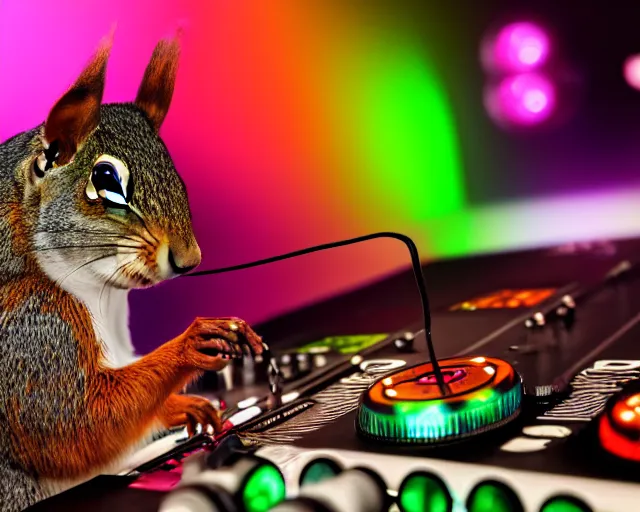 Prompt: low angle photo of a squirrel dj wearing on - ear headphones and colored sunglasses, stadning at a dj table playing techno music at a dance club, hyperrealistic, highly detailed, intricate, smoke, colored lights, concept art, digital art, oil painting, character design by charlie bowater, ross tran, artgerm, makoto shinkai, wlop