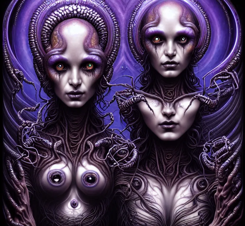 Image similar to A beautiful detailed alien goddess woman with 6 arms super dark tarot card, gorgeous model face by Stanley Artgerm, by tomasz alen kopera and Justin Gerard, 4 eyes, beautiful symmetrical features, ominous, magical realism, melting, texture, intricate, ornate, royally decorated, melting, whirling smoke, embers, purple adornments, blue torn fabric, radiant colors, fantasy, trending on artstation, volumetric lighting, micro details, 3d sculpture, ray tracing, 8k, anaglyph effect