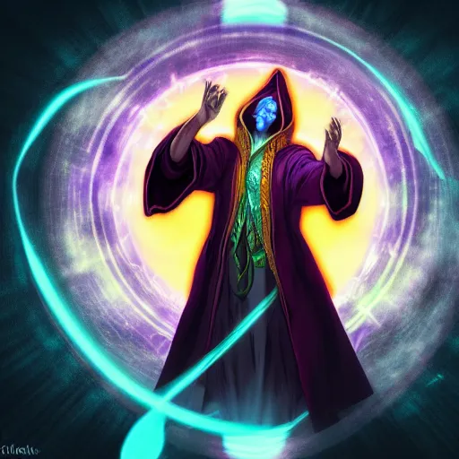 Image similar to a warlock is casting a magic spell, while magic orb is floating in his hand, the magic orb emit a blueish vapour, dynamic pose, chromatic aberration , medium level shot, Mucha style , Grim fantasy, illustration ,concept art,