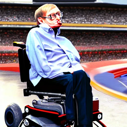 Image similar to stephen hawking in mario cart, in his wheelchair, gameplay footage