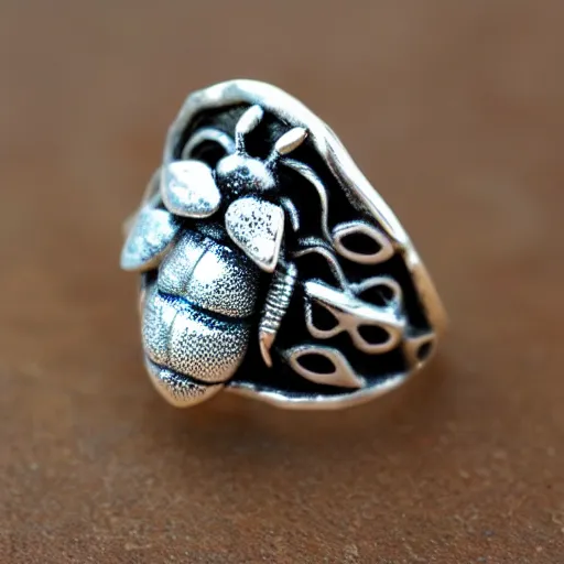 Prompt: a bee - patterned silver stone ring, realistic, high detailed, light colors