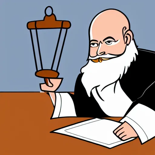 Prompt: a bald judge with bid white beard slams his gavel on the desk, illustration, realistic, 8 k, atmospheric