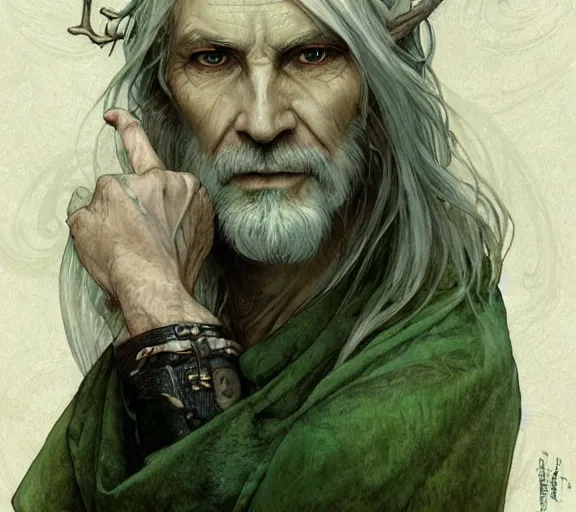 Prompt: portrait of old forest druid, pale skin, green eyes, long grey hair, simple clothes, high fantasy, dnd, d & d, illustration, by artgerm, greg rutkowski, alphonse mucha - h 7 6 8