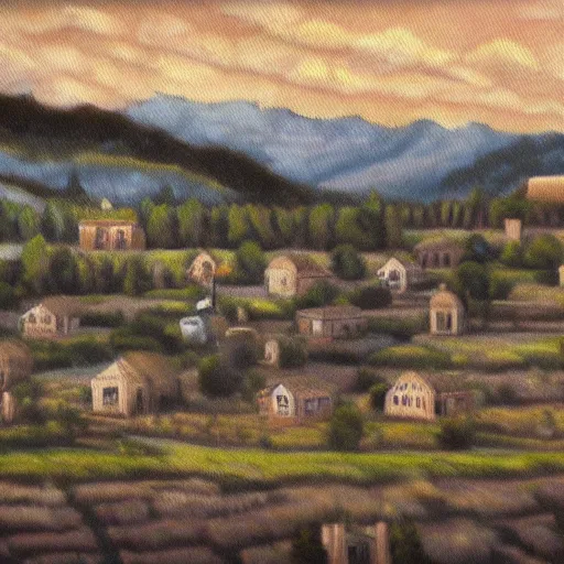 Image similar to a small town for the last remaining humans on the planet oil painting