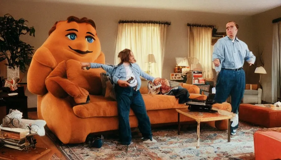 Image similar to 1990s candid 35mm photo of a beautiful day in the living room, cinematic lighting, cinematic look, golden hour, a very large, oversized magical salesman mascot is hanging out of the TV and trying to sell the family a car, salesman is a very large giant mascot, there is a sports car in the living room, portal energy is coming out of the TV, UHD