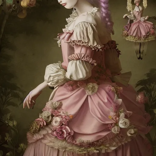 Image similar to 8 k, octane render, realism, tonalism, renaissance, rococo, baroque, cotton candy, creepy young lady wearing long highly detailed dutch renaissance harajuku manga dress with flowers and skulls ( background chaotic flowers )