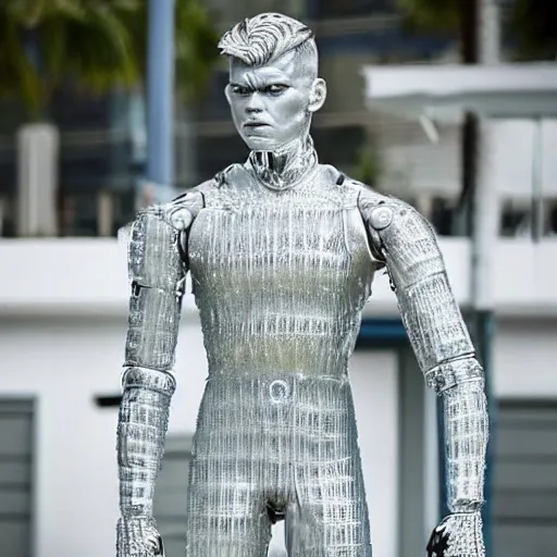 Image similar to made of ice, a realistic detailed photo of a guy who is an attractive humanoid who is half robot and half humanoid, who is a male android, on display, blank stare, showing off his muscles, shiny skin, posing like a statue, by the pool, frozen ice statue, f 1 driver max verstappen, humanoid robot